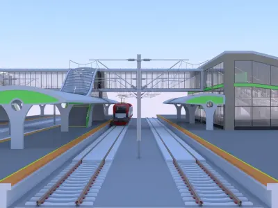 Railway station with train 3D model