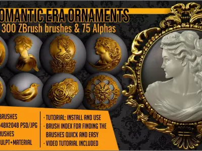 Romantic Era Ornaments Maker 300 ZBrush brushes and 75 alphas Texture