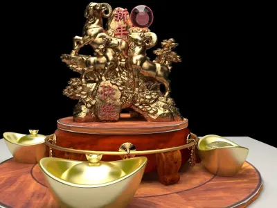 Chinese gold Ingot and goats 3D model