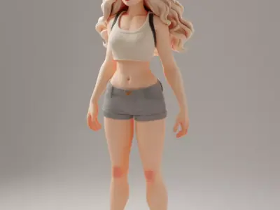 Stylized 3D Girl Cartoonish Female Character Wavy Hair Low-poly 3D model