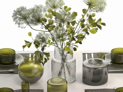 Stylish Table Setting For 4 Persons With A Bouquet 3D model