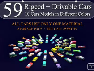 59 rigged and drivable Lowpoly cars Low-poly 3D model