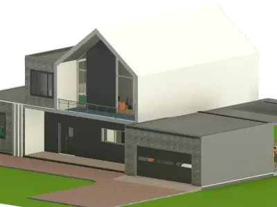 Small family 3D modern House plan Low-poly 3D model