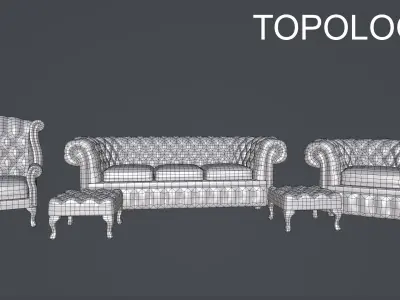 Chair Chesterfield Leather 4 Piece Suite Low-poly 3D model