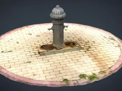 Fountain 7 fire hydrant on brick pavement Low-poly 3D model