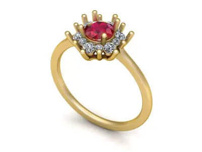 Elegant Gold Ring with Ruby Center and Diamond Halo 3D model