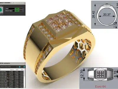 Mens Signet Ring with Princess Pave and Honeycomb Pattern mr0321 3D print model