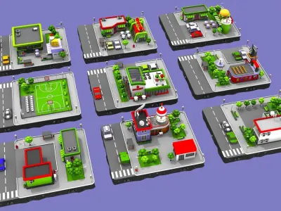 Cartoon Low Poly City - 9 Blocks Low-poly 3D model