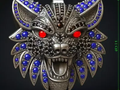 Wolf Head Pendant 3D Model  Gemstone Encrusted 3D print model