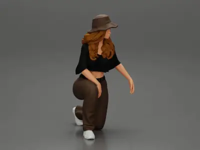 Chola Girl in hat sitting on knee hugging her dog - Separated 3D print model