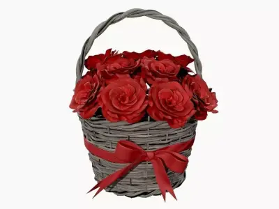 bouquet of red roses in wicker basket 3D model