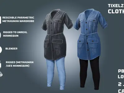2 jeans Shirt Dress - clothyfic outfit Low-poly 3D model