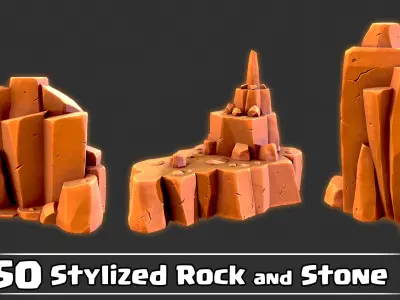 50 Stylized Rock and Stone Game Ready and IMM Brush Low-poly 3D model