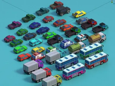 12 car Low-poly pack and 39-textures Low-poly 3D model
