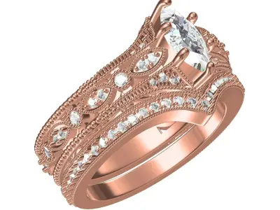 Marquise Cut Diamond Art Deco Ring with Band 3D print model