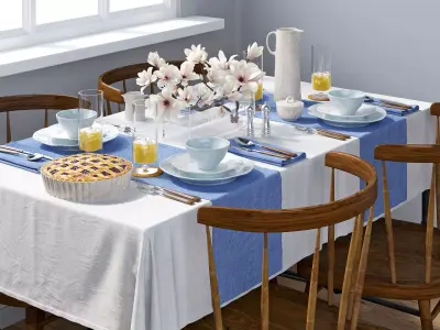 Tableware dining table with linens 3D model