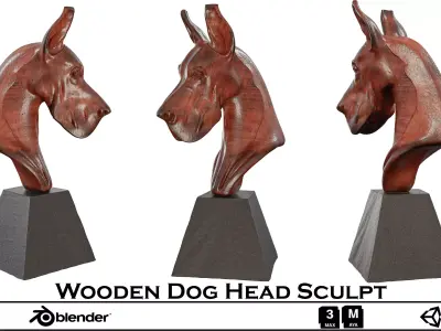 Wooden Dog Head Sculpture - Doberman Bust 3D Model Low-poly 3D model