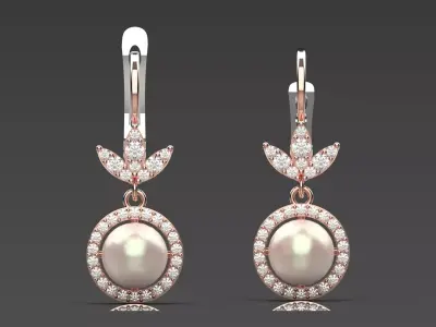 Rosegold flower design earring pearl diamond halo model pe0047 3D print model