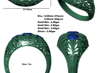 Three Stone Art Deco Ring 3D print model