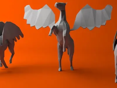 6 Lowpoly Pegasus group of paper horses with wings Low-poly 3D model