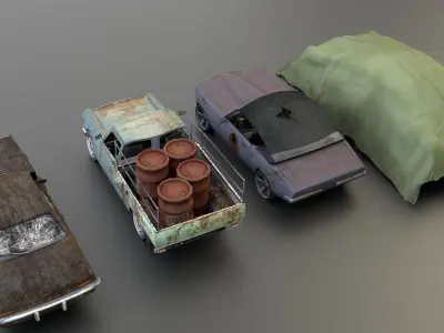4 Old Rusty cars mini pack Low-poly 3D model