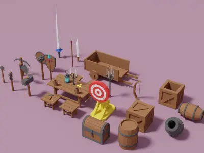 Cartoon Medieval Props Package Low-poly 3D model