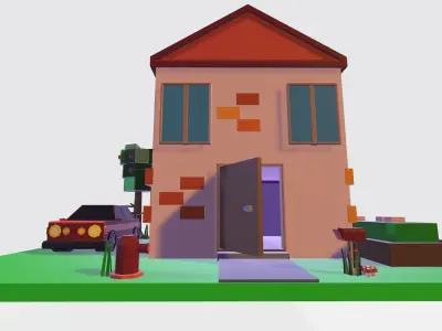 Simple but powerful low poly cube house with car Low-poly 3D model