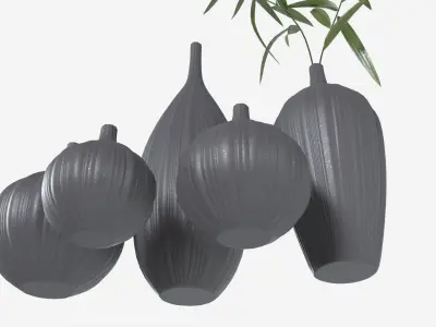 Ceramic dark vase set with plants 3D model