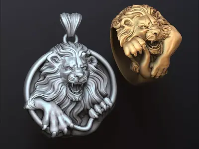 Furious Angry Lion Pendant Ring Collection Set 3D print model