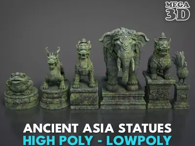 Ancient Asia Stone Statue Pack B - 250602 Low-poly 3D model
