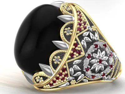 Turkish King Crown Black Onyx Silver Men Ring 3D print model