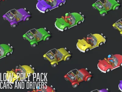 Low-Poly pack cars and drivers Low-poly 3D model