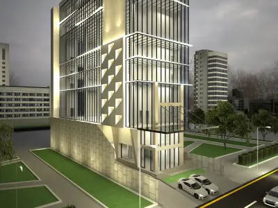 Buliding office building with cars parked 3D model
