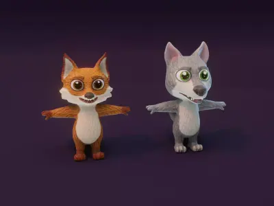 Cartoon Animated Wolf and Fox 3D Model Collection Low-poly 3D model