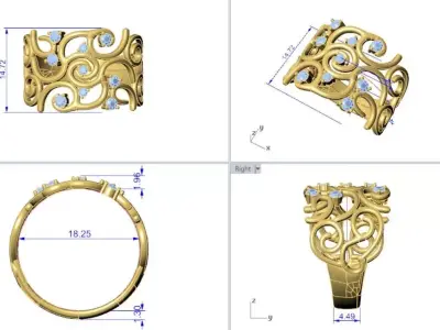 Elegant Diamond Curls Ring 3D Print ready Model  3D print model