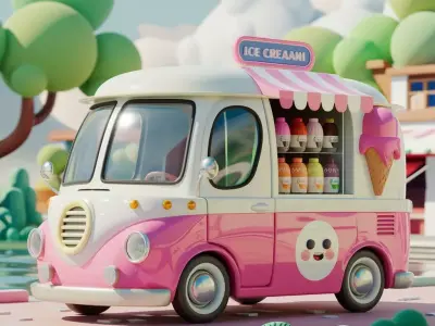 Cute Retro Ice Cream Truck 3D Model Low-poly 3D model