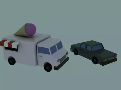 Low Poly Vehicle Set - Ice cream truck and Car Low-poly 3D model