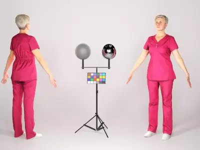 Middle-aged woman in red surgical uniform in A-pose 126 Low-poly 3D model
