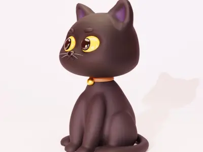 Black Cat Sitting - Cute Cartoon 3D model