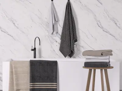 Towel set bathroom with towels and marble wall 3D model