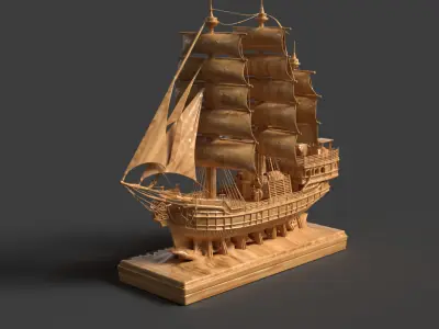  Chinese wooden carving sail ship Low-poly 3D model