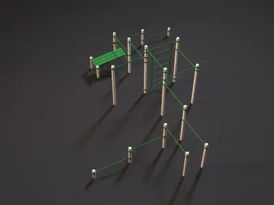Workout 5 wooden playground set with poles 3D model