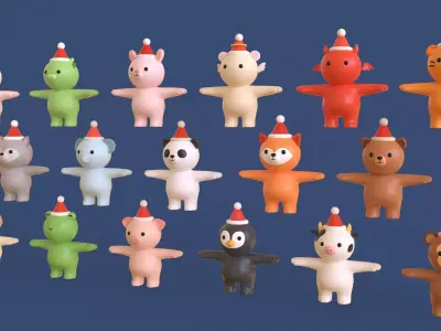 Cute Christmas Animal Pack 01  Low-poly 3D model