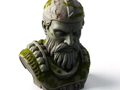 Ancient Mossy Stone Warrior Bust Low-poly 3D model