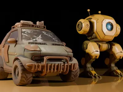 Stylized Explorer Car and Robot Companion Low-poly 3D model