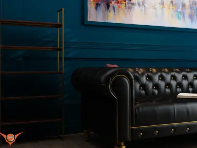 Black living room with Black leather sofa luxury interior 3D model