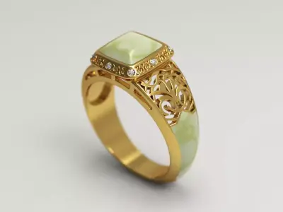 Filigree ring with jade and diamonds 3D print model