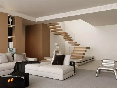 Modern Minimalist Luxury Lounge With Floating Staircase 3D model