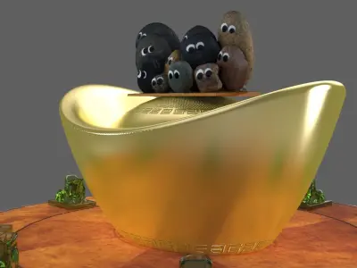 Chinese gold ingot with stone face  3D model