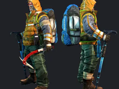 Adventurer two men with backpacks and poles Low-poly 3D model